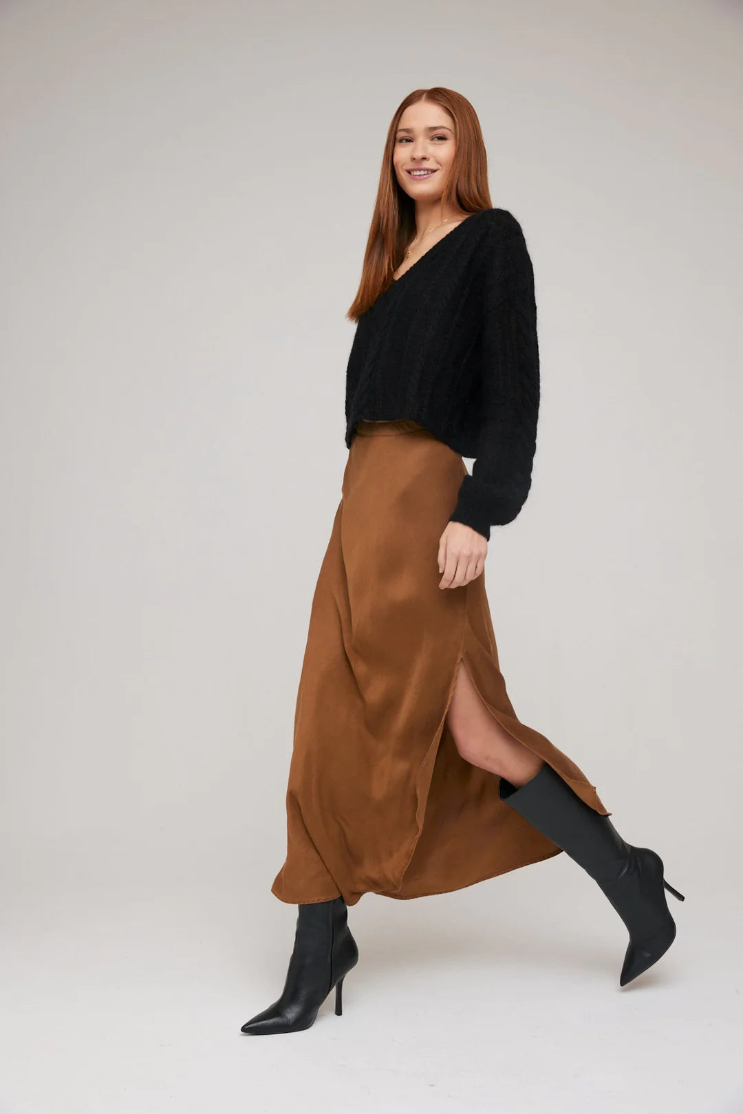Satin Asymmetric Side Slit Bias Skirt in Twilight Gold