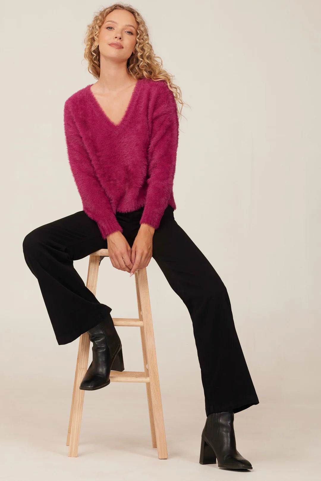 Slouchy V-Neck Sweater in Dark Magenta