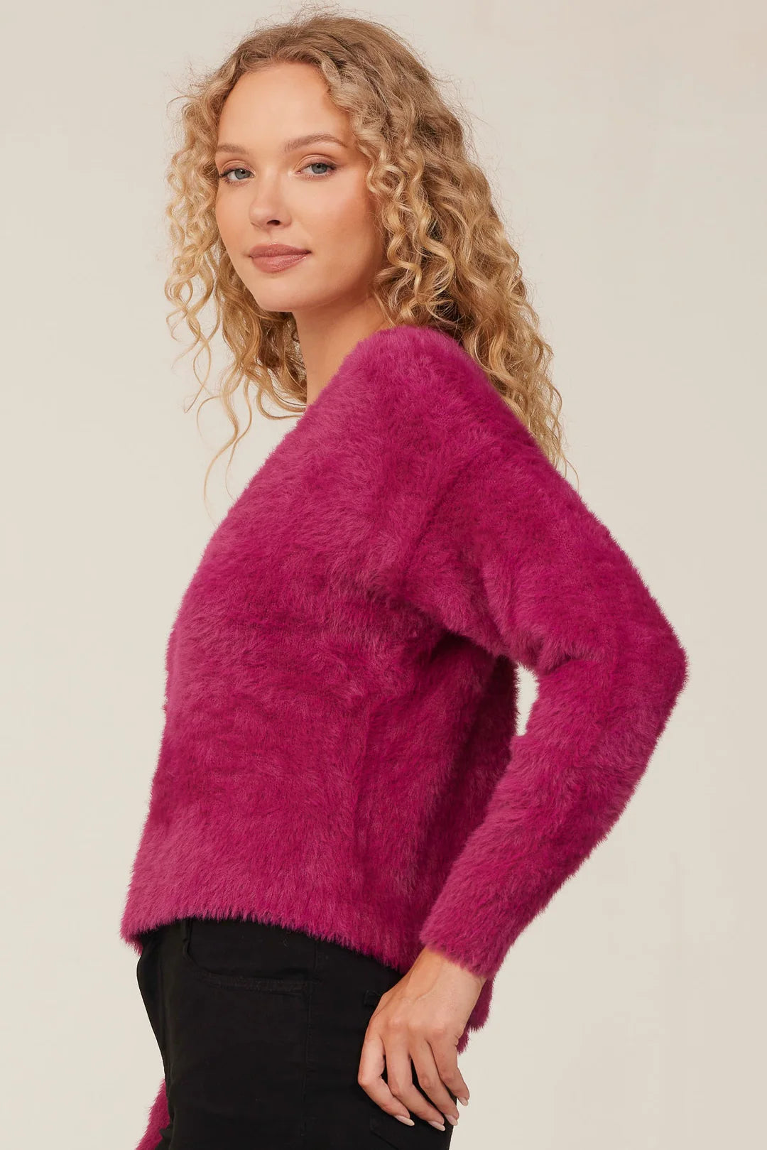 Slouchy V-Neck Sweater in Dark Magenta