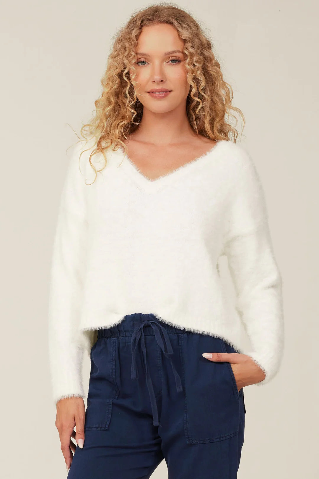 Slouchy V-Neck Sweater in Winter White