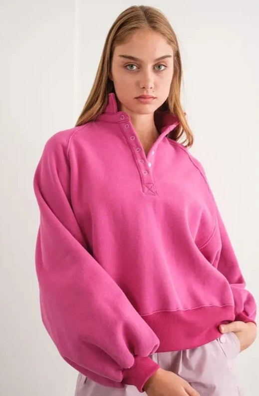 Piper Snap Collared Sweatshirt in Fuchsia