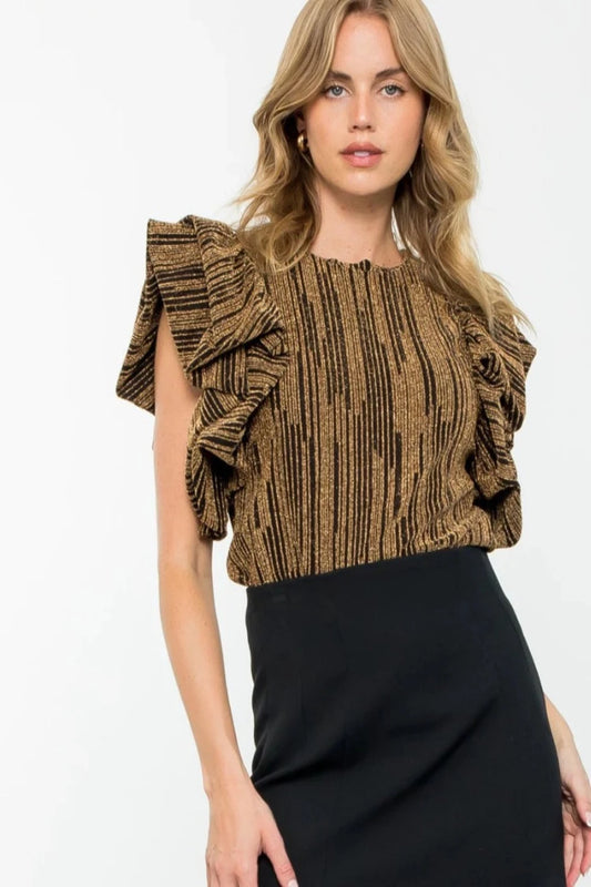 Ruffle Puff Sleeve Metallic Top- Black