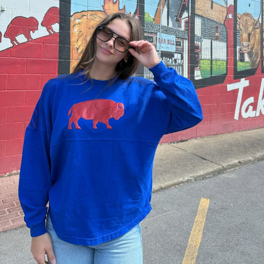 Buffalo Football Glitter Mesh Long Sleeve Tee in Royal