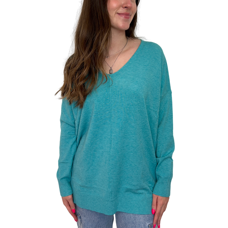 V-Neck Sweater in Heather Cyan