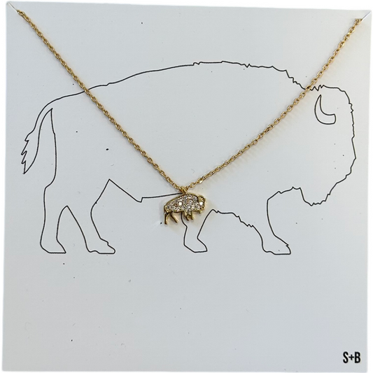 Standing Buffalo Crystal Necklace in Gold
