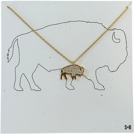 Large Standing Buffalo Crystal Necklace in Gold