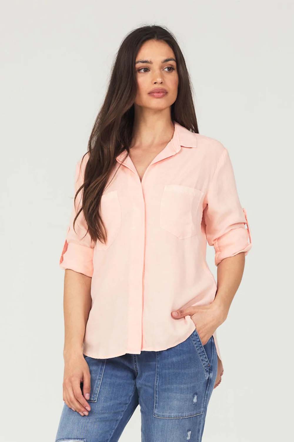 Split Back Button-Down in Sunset Coral