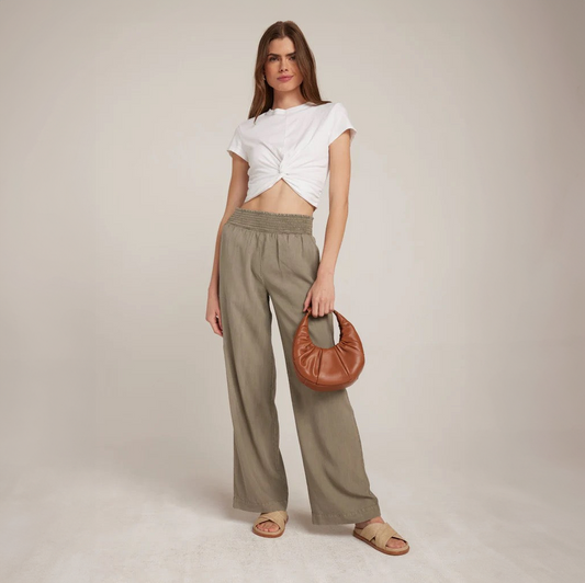 Smocked Waist Wide Leg Pant in Soft Army