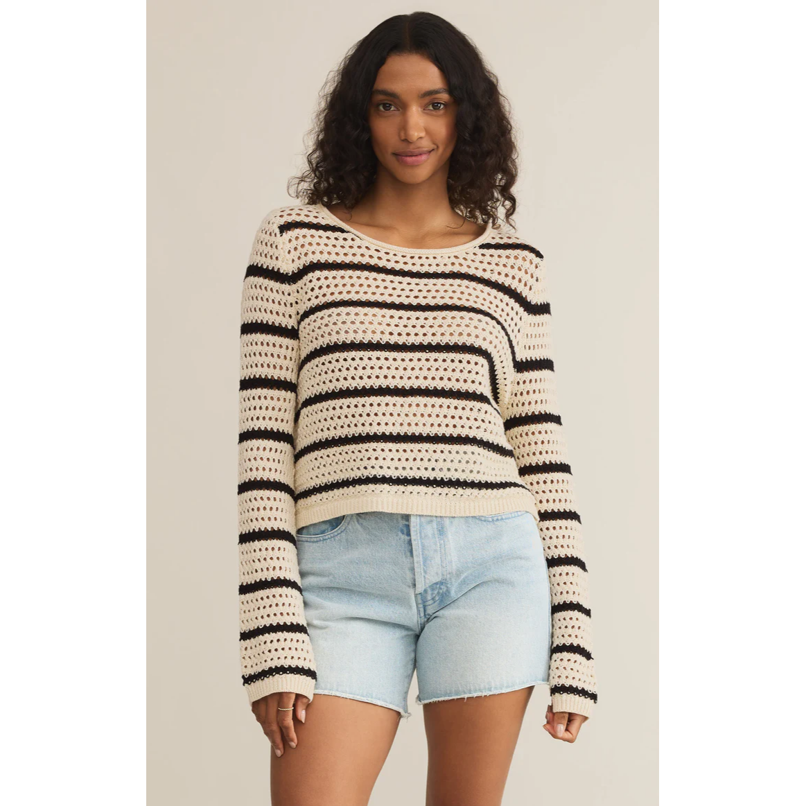 Knit Stripe Crochet Sweater in Sea Salt