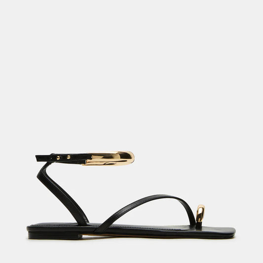 Black sandal with gold accents on a white background