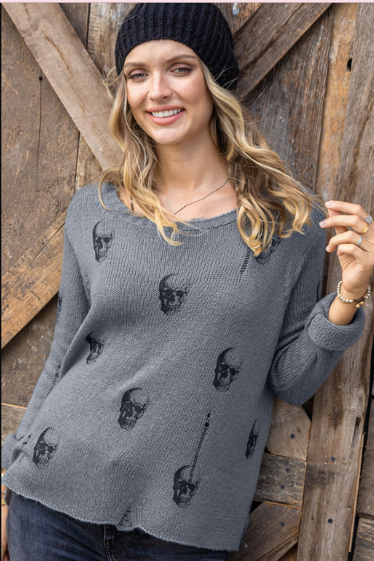 Distressed Skull Crew- Grey