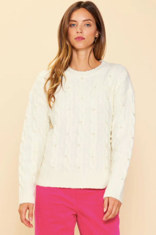 Pearl Cable Knit Sweater in Cream