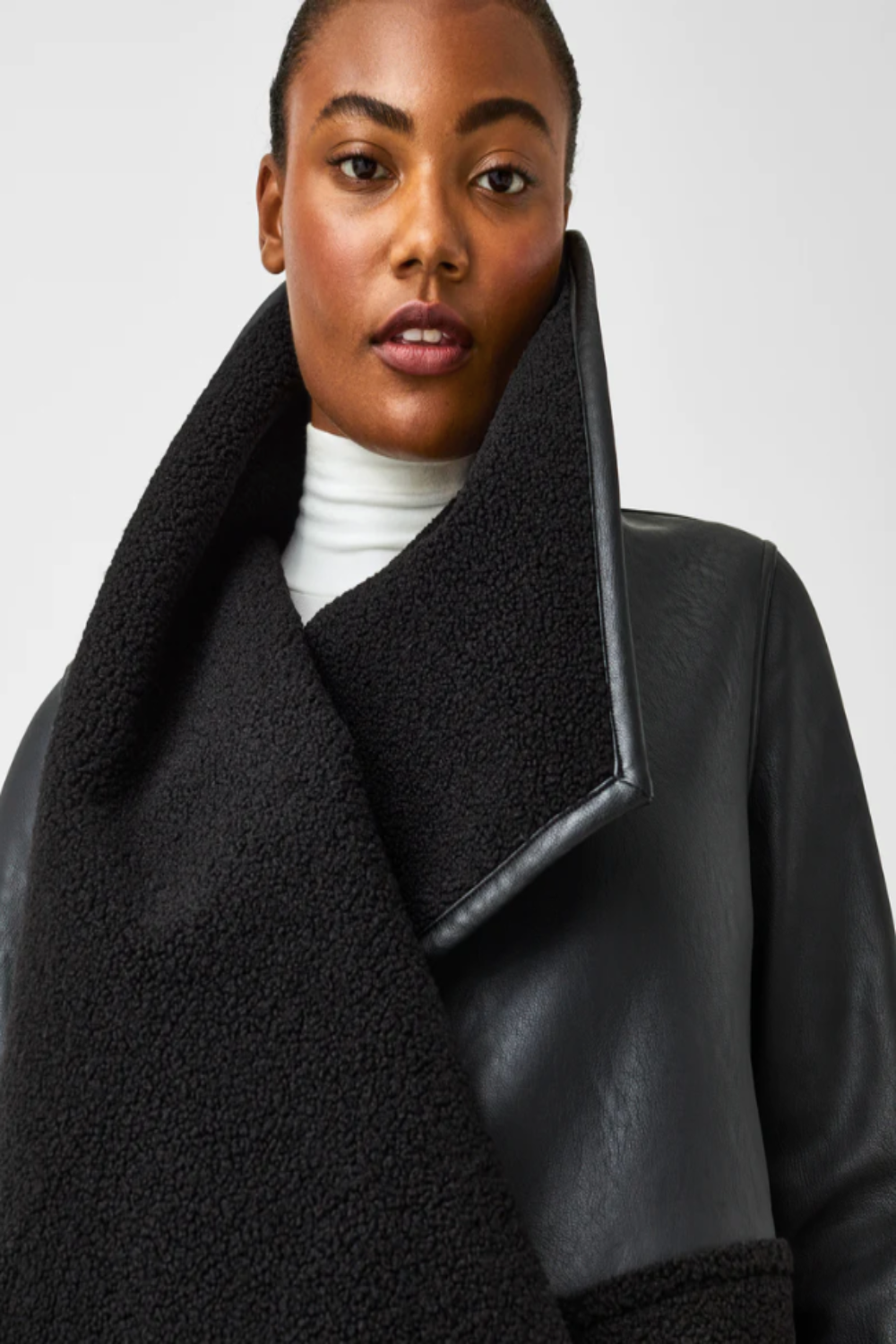 Fleece and Leather Long Wrap in Very Black