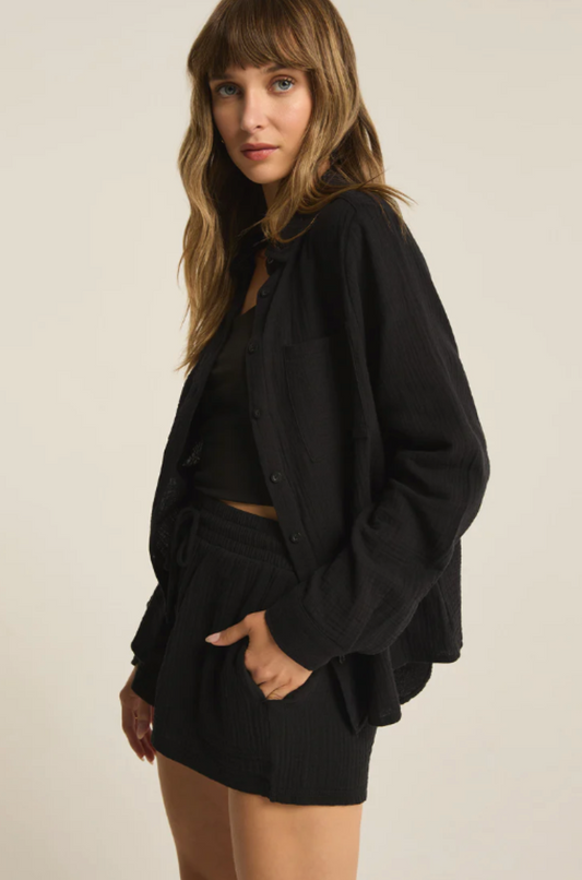 Kaili Button Up Gauze Top in Black