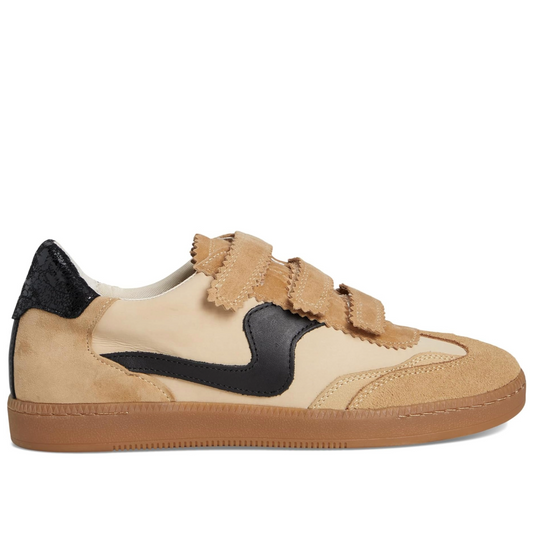 Beige sneaker with black swoosh logo on a white background