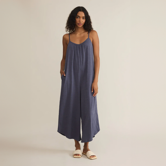 Textured Flare Jumpsuit Worn Blue