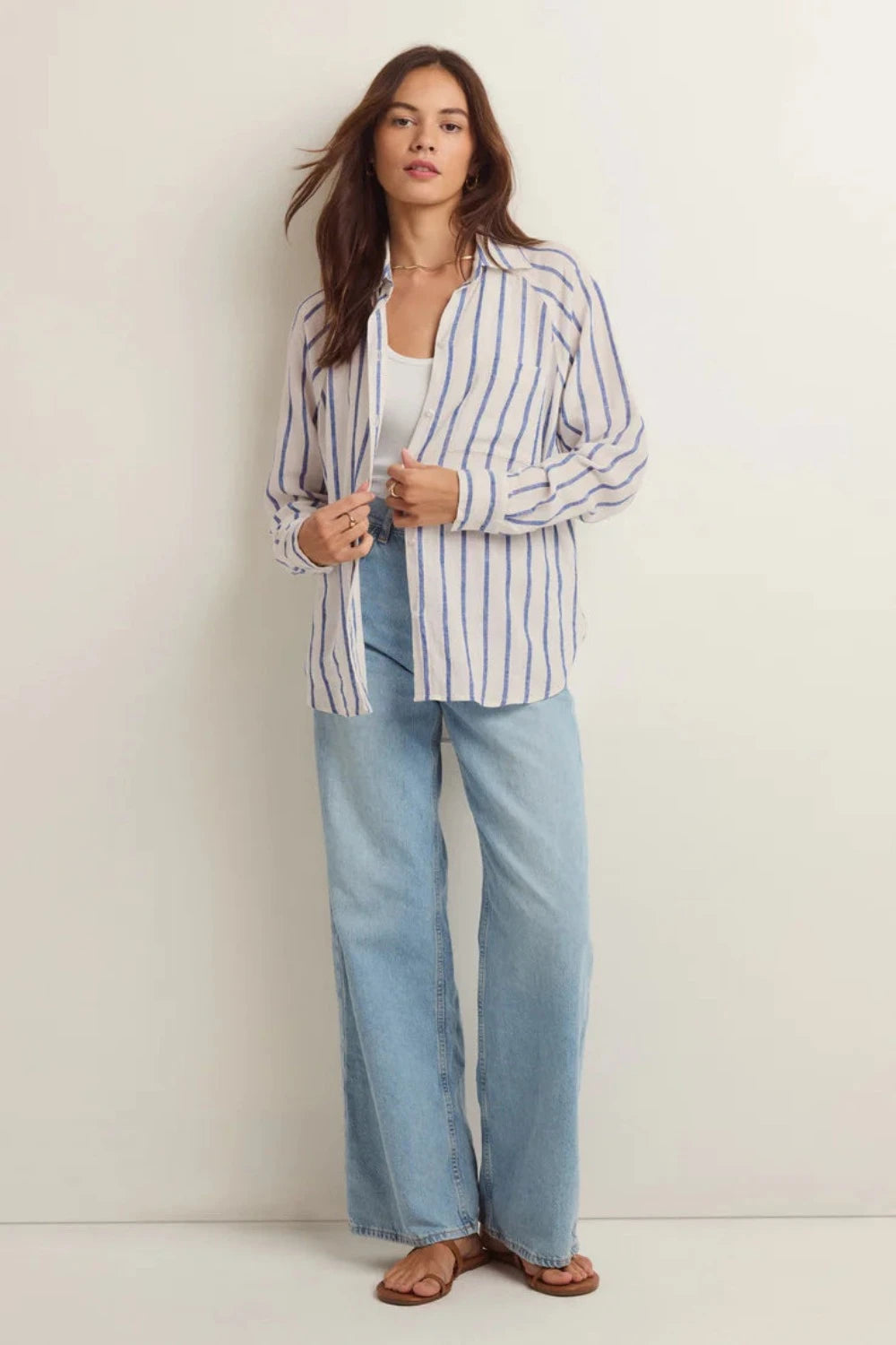 Perfect Linen Stripe Top in Palace Blue