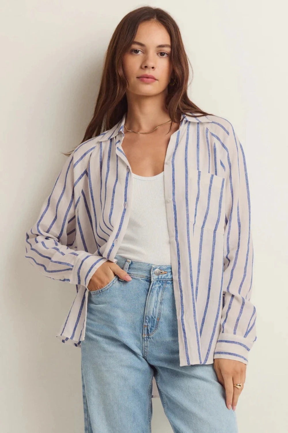 Perfect Linen Stripe Top in Palace Blue