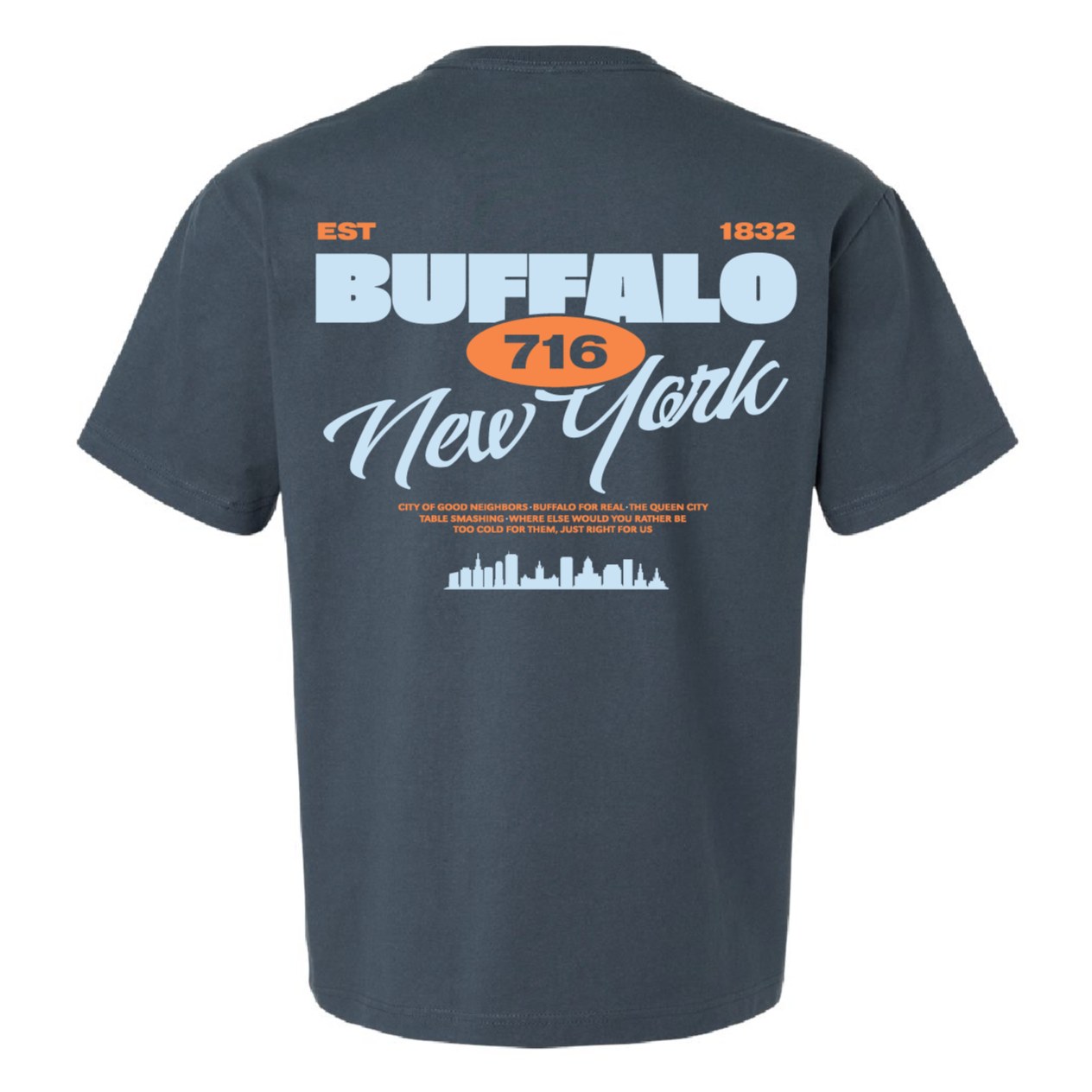 Navy t-shirt with 'Buffalo New York' text and design on the back