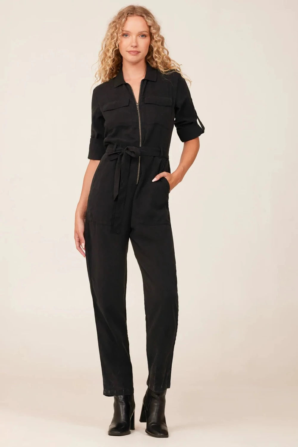 L/S Zip Front Jumpsuit in Vintage Black