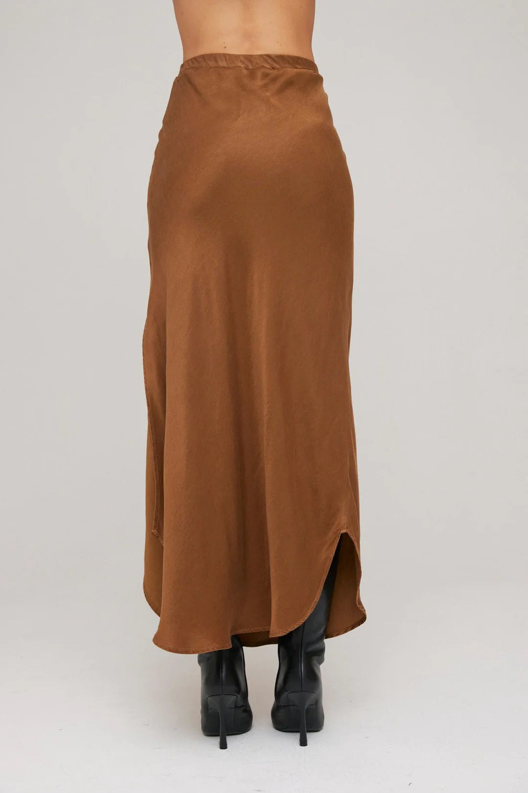Satin Asymmetric Side Slit Bias Skirt in Twilight Gold